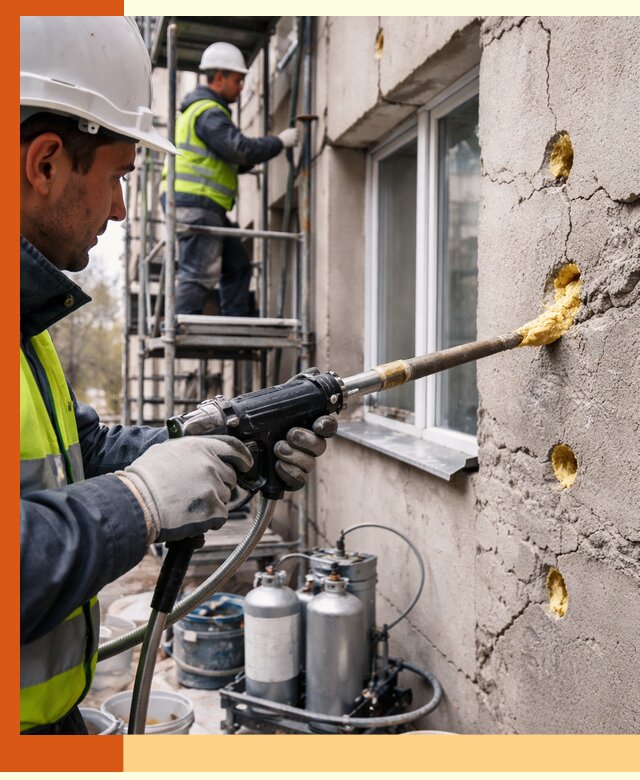 Заполнение пустот в фасаде и утепление стен в Богородицке