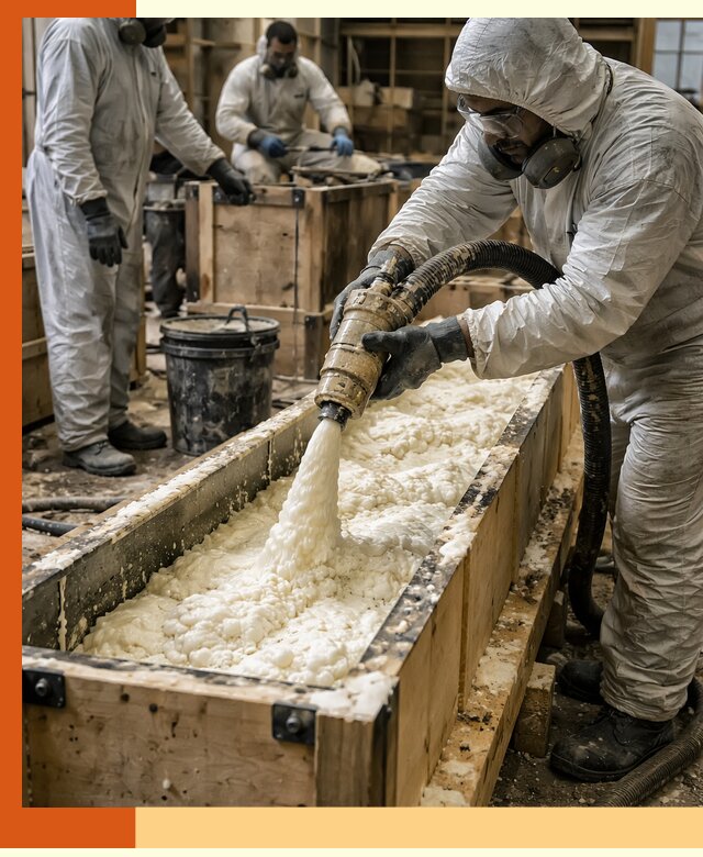 Заливка пенополиуретана в формы для утепления в Богородицке